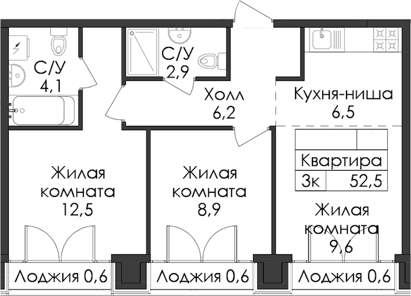 2-комнатная квартира 52.5 м², 9/9 эт., ЖК «Лермонтовский 54»